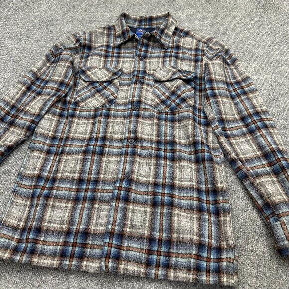 Pendleton Board Shirt Fitted Plaid Flannel Mens Small Gray Blue Virgin Wool - Picture 3 of 10